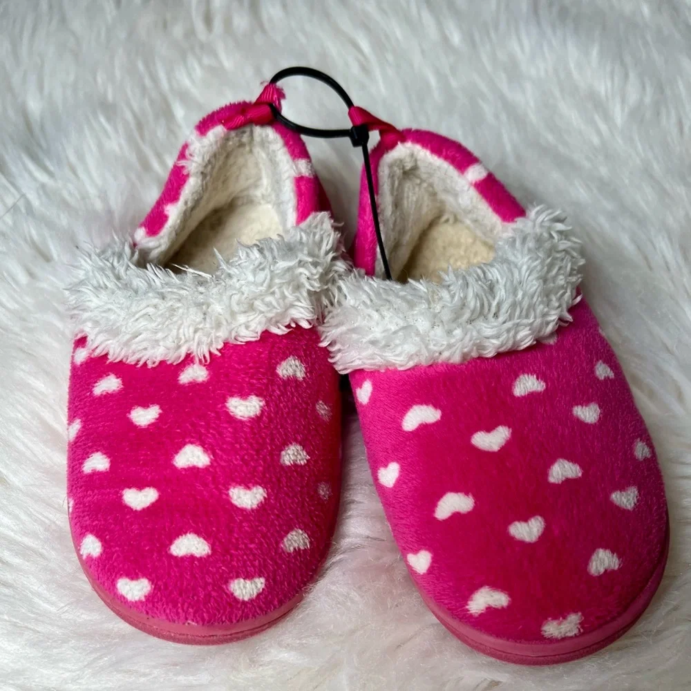 Toddler Girls Pink Heart Print Polka Dot Loafer House Slippers Size 7/8